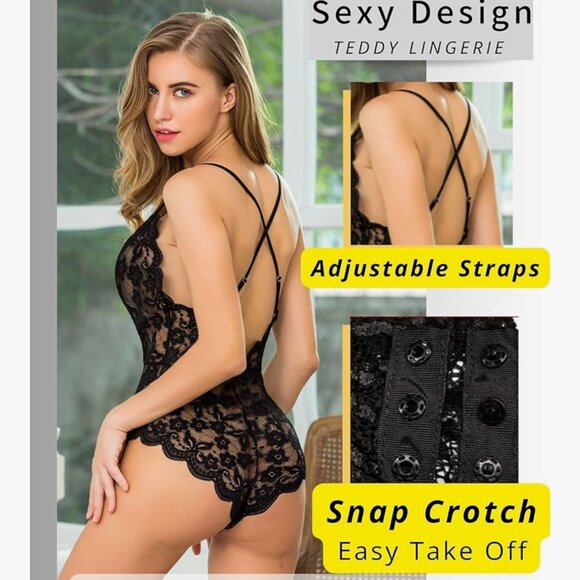 Black Lace Teddy, V-neck, Snap crotch - NWT - Picture 7 of 8